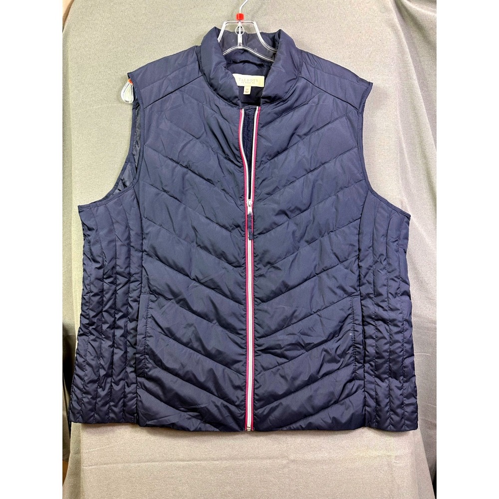 Talbots Woman Navy Blue Quilted Puffer Vest‎ Chevron Zip Front 2X CN5316 07/18